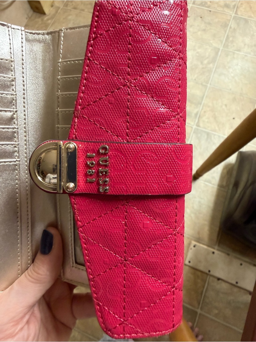 GUESS Hot Pink Quilted Logo Card Holder with Silver Hardware